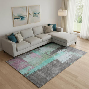 HomeRoots 10' X 14' Teal Gray and Silver Abstract Washable Area Rug - UV Protected, Stain-Resistant, Stylish Decor 701141