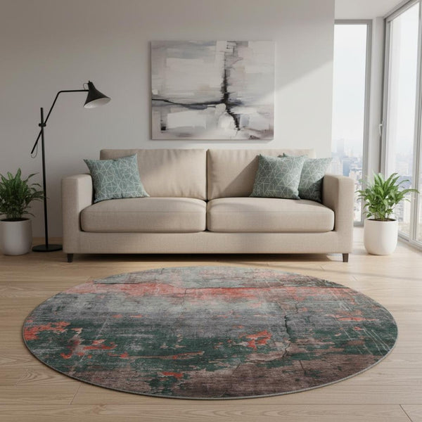 HomeRoots 8' Coral Gray and Silver Abstract Round Rug – Washable, UV Protected, Stain Resistant, Non-Slip Design 701144