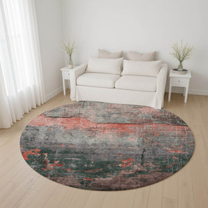 HomeRoots 8' Coral Gray and Silver Abstract Round Rug – Washable, UV Protected, Stain Resistant, Non-Slip Design 701144