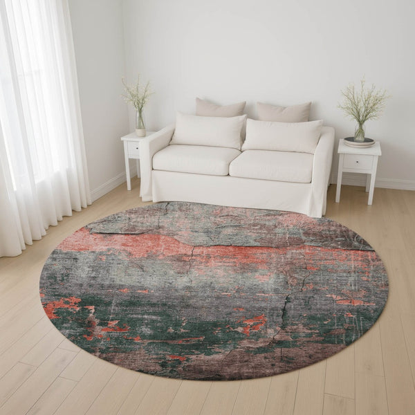HomeRoots 8' Coral Gray and Silver Abstract Round Rug – Washable, UV Protected, Stain Resistant, Non-Slip Design 701144
