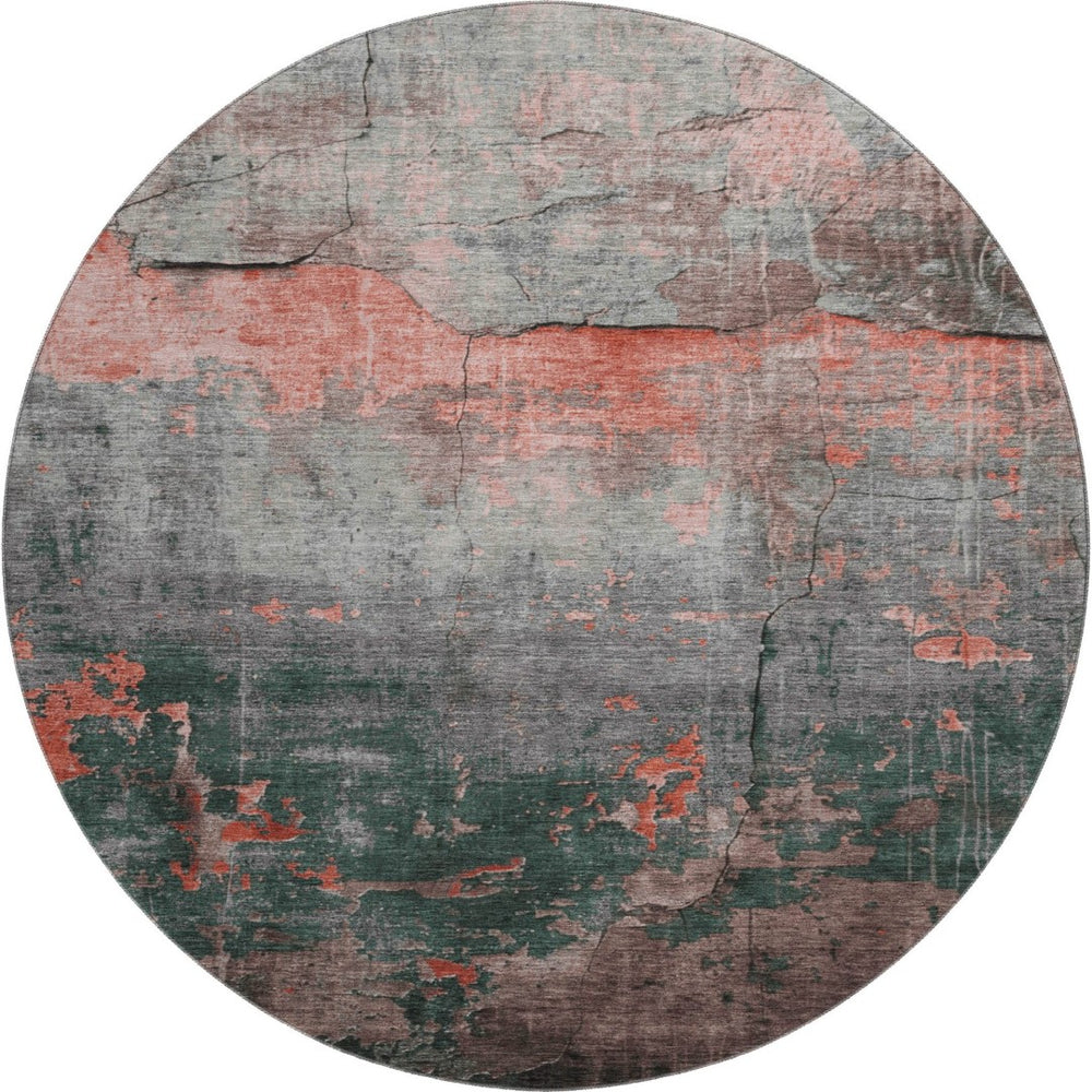 HomeRoots 8' Coral Gray and Silver Abstract Round Rug – Washable, UV Protected, Stain Resistant, Non-Slip Design 701144