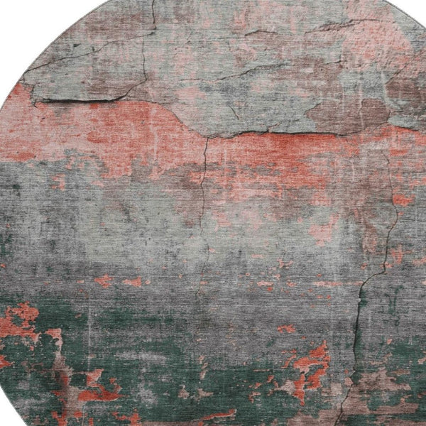 HomeRoots 8' Coral Gray and Silver Abstract Round Rug – Washable, UV Protected, Stain Resistant, Non-Slip Design 701144