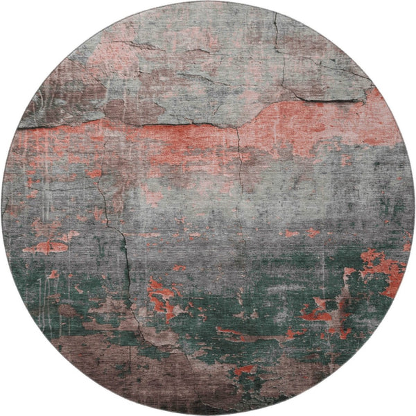 HomeRoots 8' Coral Gray and Silver Abstract Round Rug – Washable, UV Protected, Stain Resistant, Non-Slip Design 701144