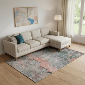 HomeRoots 10' X 14' Coral Gray & Silver Abstract Area Rug - Washable, UV-Protected, Stain-Resistant Design! 701147