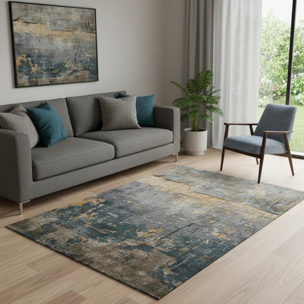 HomeRoots 5' X 8' Gray Silver And Gold Abstract Area Rug – Durable, Washable, UV Resistant, Perfect for Any Space! 701149