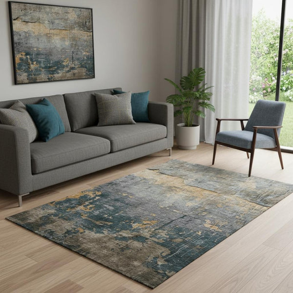 HomeRoots 5' X 8' Gray Silver And Gold Abstract Area Rug – Durable, Washable, UV Resistant, Perfect for Any Space! 701149