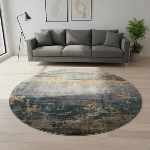 HomeRoots 8' Gray Silver And Gold Abstract Round Rug - Washable, UV Protected, Stylish & Durable for Homes 701150