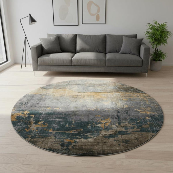HomeRoots 8' Gray Silver And Gold Abstract Round Rug - Washable, UV Protected, Stylish & Durable for Homes 701150