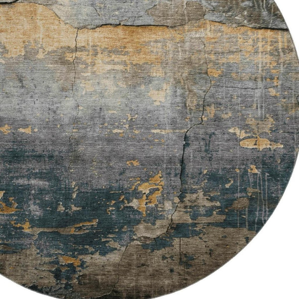 HomeRoots 8' Gray Silver And Gold Abstract Round Rug - Washable, UV Protected, Stylish & Durable for Homes 701150