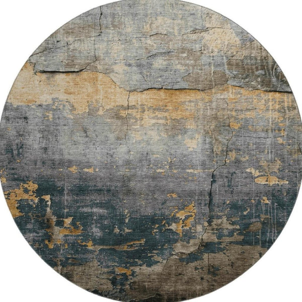 HomeRoots 8' Gray Silver And Gold Abstract Round Rug - Washable, UV Protected, Stylish & Durable for Homes 701150