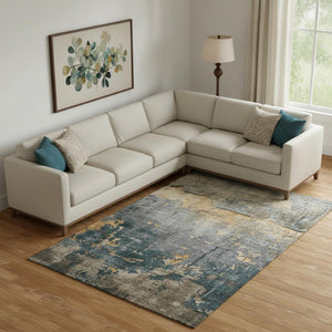 HomeRoots 9' X 12' Modern Abstract Washable Area Rug - Gray, Silver & Gold with UV Protection & Stain Resistance 701152