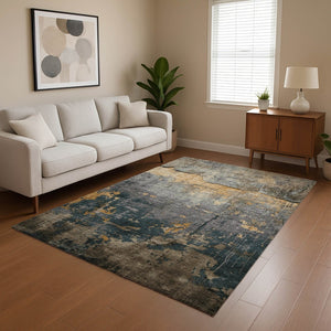 HomeRoots 10' X 14' Gray Silver Gold Abstract Area Rug - Machine-Woven, Stain Resistant, UV Protected Design 701153