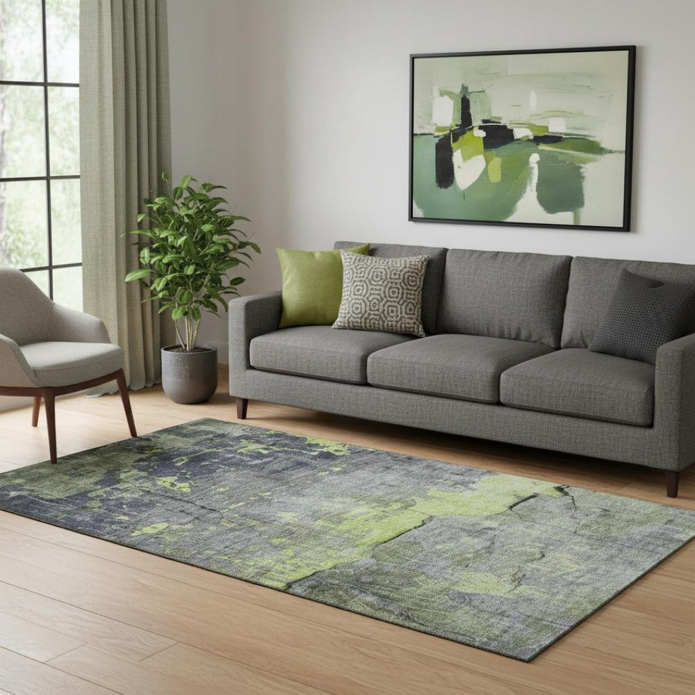 HomeRoots 5' Vibrant Lime Green Gray Abstract Washable Area Rug – Durable, UV Protected, Stylish Home Accent 701155