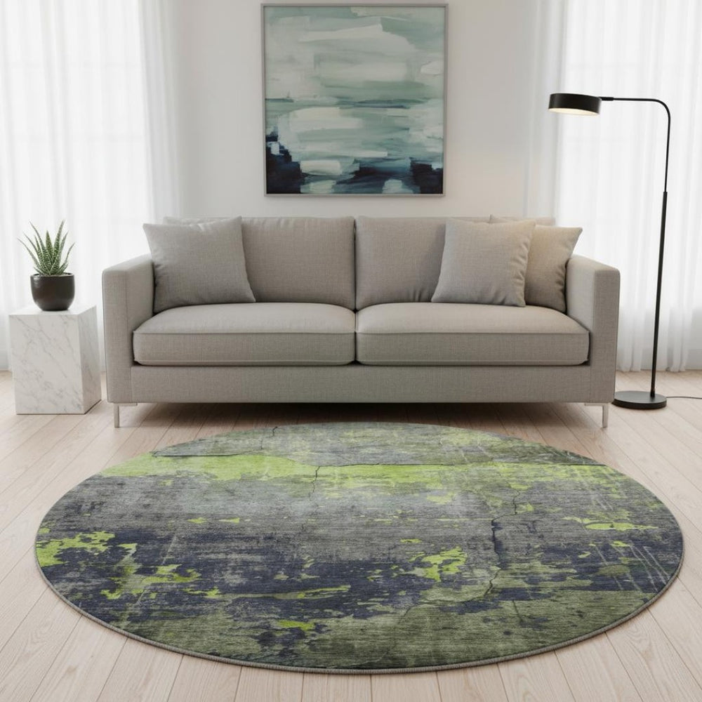 HomeRoots 8' Vibrant Lime Green, Gray & Silver Abstract Round Rug with UV Protection for Easy Care & Style 701156