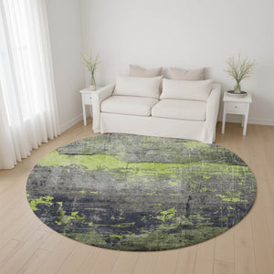 HomeRoots 8' Vibrant Lime Green, Gray & Silver Abstract Round Rug with UV Protection for Easy Care & Style 701156