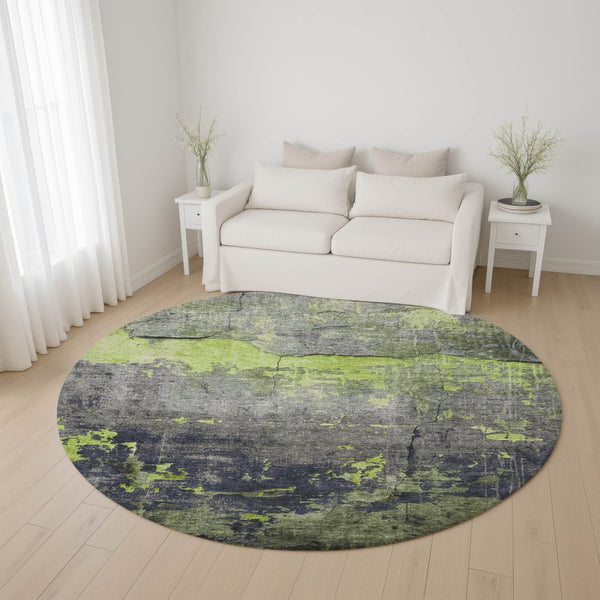 HomeRoots 8' Vibrant Lime Green, Gray & Silver Abstract Round Rug with UV Protection for Easy Care & Style 701156