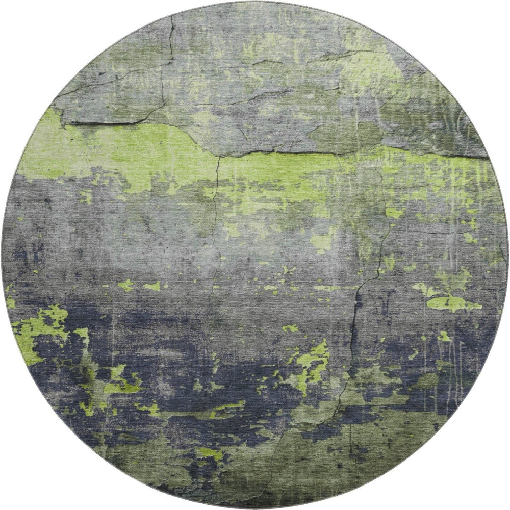 HomeRoots 8' Vibrant Lime Green, Gray & Silver Abstract Round Rug with UV Protection for Easy Care & Style 701156