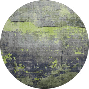 HomeRoots 8' Vibrant Lime Green, Gray & Silver Abstract Round Rug with UV Protection for Easy Care & Style 701156