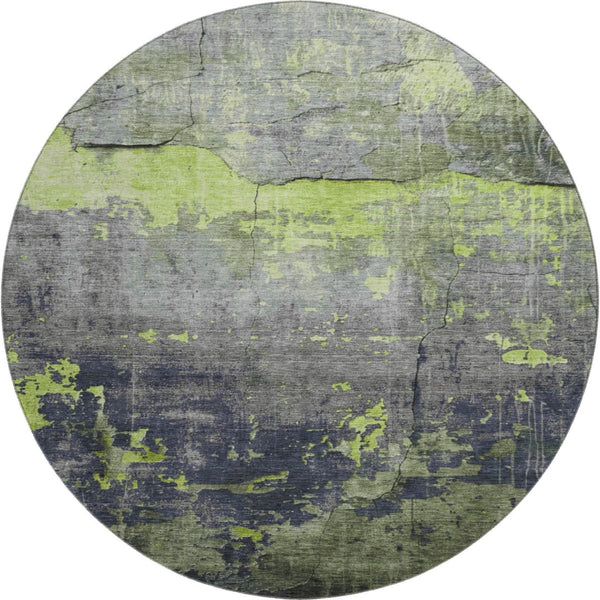 HomeRoots 8' Vibrant Lime Green, Gray & Silver Abstract Round Rug with UV Protection for Easy Care & Style 701156