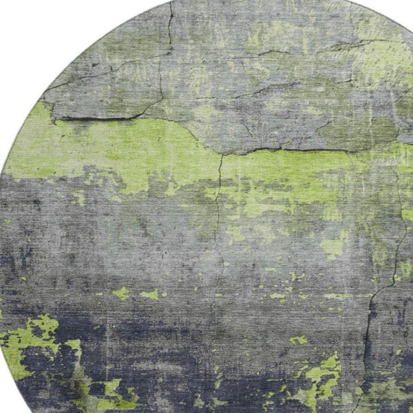 HomeRoots 8' Vibrant Lime Green, Gray & Silver Abstract Round Rug with UV Protection for Easy Care & Style 701156