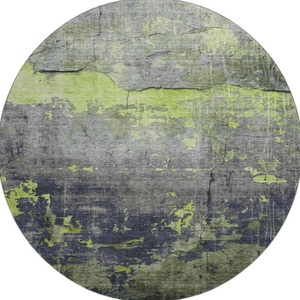 HomeRoots 8' Vibrant Lime Green, Gray & Silver Abstract Round Rug with UV Protection for Easy Care & Style 701156