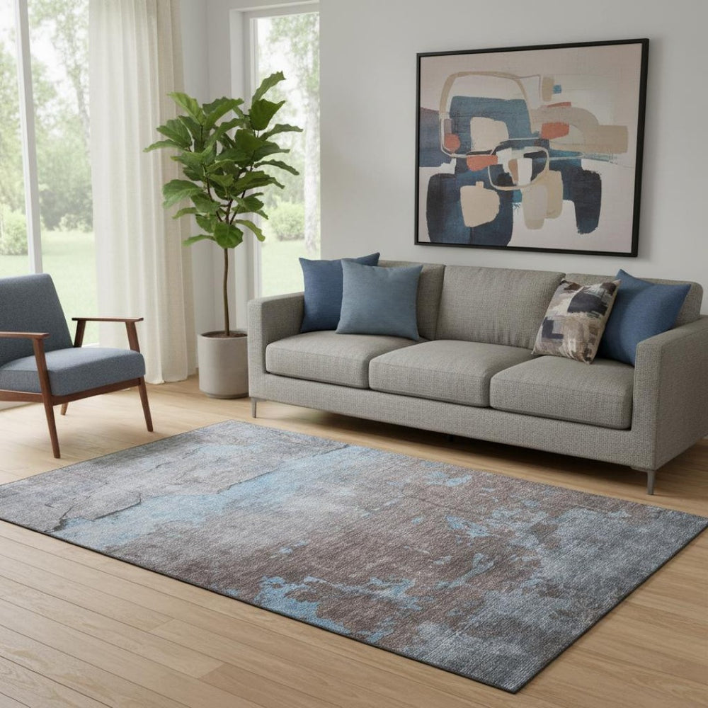 HomeRoots 5' Modern Abstract Sky Blue, Gray & Silver Area Rug - Washable, UV-Protected, Stain-Resistant Design 701161