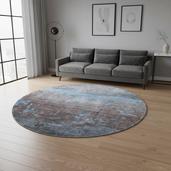 HomeRoots 8' Sky Blue Gray Silver Abstract Rug - Washable, UV-Protected, Non-Slip for Modern Homes & Families 701162