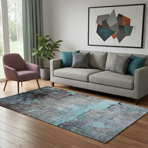 HomeRoots 5' X 8' Teal Gray Silver Area Rug – Washable, Stain-Resistant, UV-Protected, Modern Design for Homes 701167