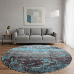 HomeRoots 8' Teal Gray Silver Abstract Washable Round Rug - Durable, Stain Resistant, UV Protected, Non-Slip! 701168