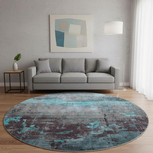 HomeRoots 8' Teal Gray Silver Abstract Washable Round Rug - Durable, Stain Resistant, UV Protected, Non-Slip! 701168
