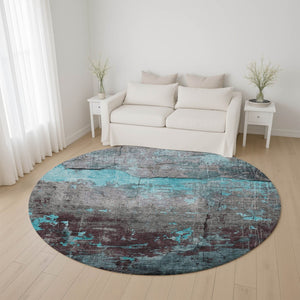 HomeRoots 8' Teal Gray Silver Abstract Washable Round Rug - Durable, Stain Resistant, UV Protected, Non-Slip! 701168