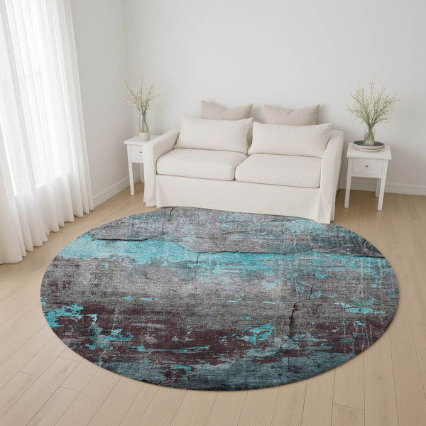 HomeRoots 8' Teal Gray Silver Abstract Washable Round Rug - Durable, Stain Resistant, UV Protected, Non-Slip! 701168