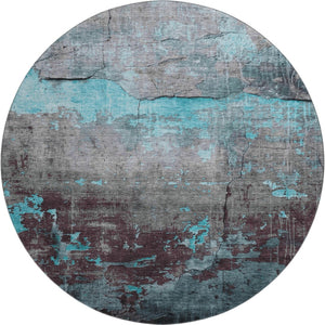 HomeRoots 8' Teal Gray Silver Abstract Washable Round Rug - Durable, Stain Resistant, UV Protected, Non-Slip! 701168