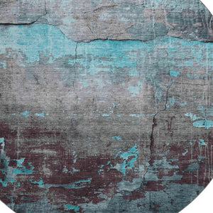 HomeRoots 8' Teal Gray Silver Abstract Washable Round Rug - Durable, Stain Resistant, UV Protected, Non-Slip! 701168
