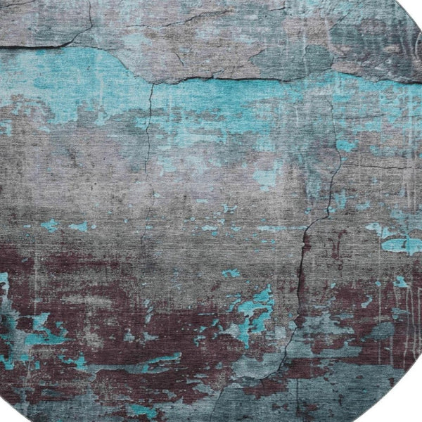 HomeRoots 8' Teal Gray Silver Abstract Washable Round Rug - Durable, Stain Resistant, UV Protected, Non-Slip! 701168