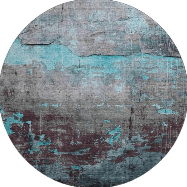 HomeRoots 8' Teal Gray Silver Abstract Washable Round Rug - Durable, Stain Resistant, UV Protected, Non-Slip! 701168