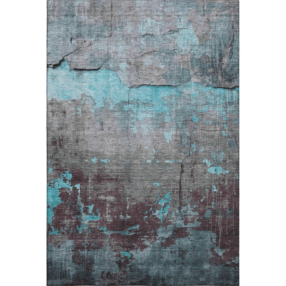 HomeRoots 8' X 10' Teal Gray Silver Abstract Area Rug - Washable, UV Protected, Stain Resistant, Non-Slip Backing 701169