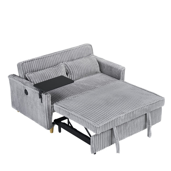 English Elm The pull-out corduroy sofa bed with convertible tabletop and USB charging ports for living room comfort Gray W1278P248133
