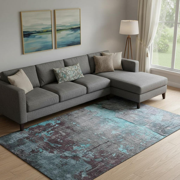 HomeRoots 9' X 12' Contemporary Teal Gray Silver Abstract Area Rug - Washable, UV-Protected & Durable Design 701170