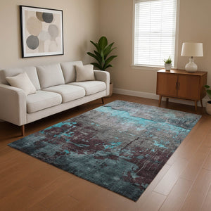 HomeRoots 9' X 12' Contemporary Teal Gray Silver Abstract Area Rug - Washable, UV-Protected & Durable Design 701170