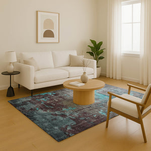 HomeRoots 9' X 12' Contemporary Teal Gray Silver Abstract Area Rug - Washable, UV-Protected & Durable Design 701170