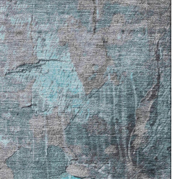 HomeRoots 9' X 12' Contemporary Teal Gray Silver Abstract Area Rug - Washable, UV-Protected & Durable Design 701170