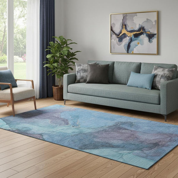 HomeRoots 5' Blue and Gray Abstract Area Rug - Washable, UV Protected, Durable, Modern Design for Every Room 701173
