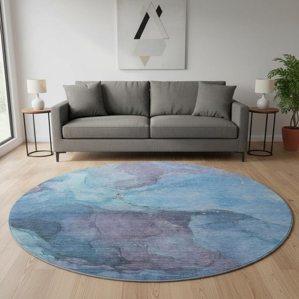 HomeRoots 8' Blue and Gray Abstract Washable Round Rug - Stylish, Durable, UV-Protective, Perfect for Any Space! 701174