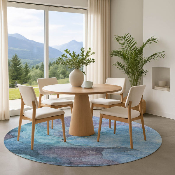 HomeRoots 8' Blue and Gray Abstract Washable Round Rug - Stylish, Durable, UV-Protective, Perfect for Any Space! 701174