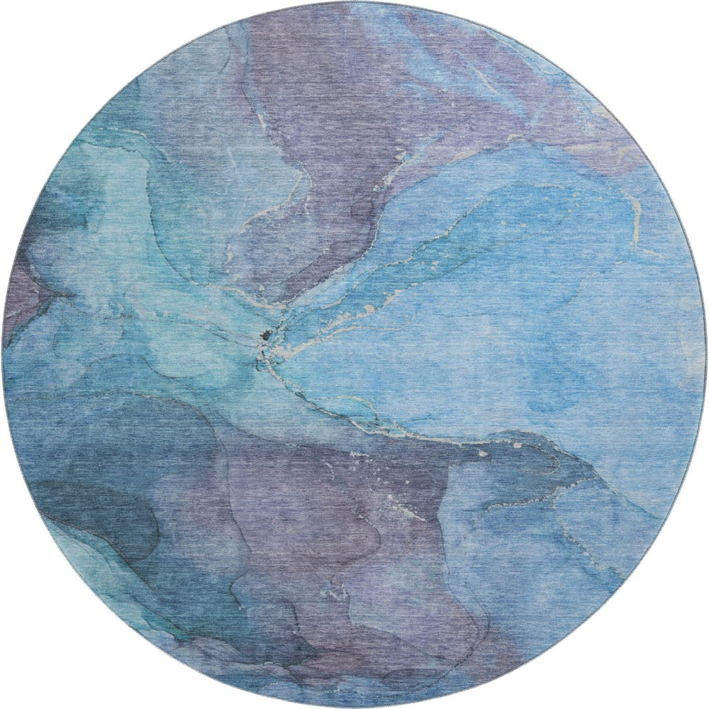 HomeRoots 8' Blue and Gray Abstract Washable Round Rug - Stylish, Durable, UV-Protective, Perfect for Any Space! 701174