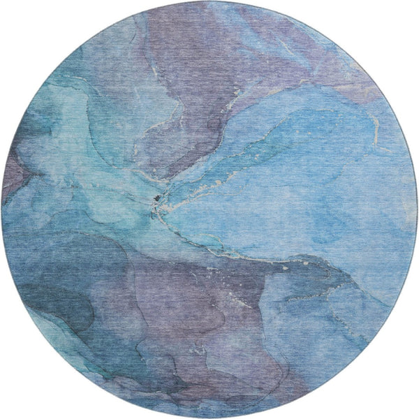 HomeRoots 8' Blue and Gray Abstract Washable Round Rug - Stylish, Durable, UV-Protective, Perfect for Any Space! 701174