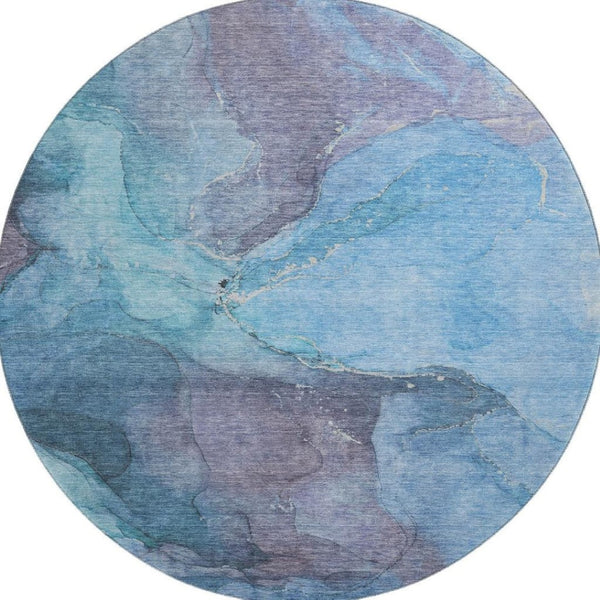 HomeRoots 8' Blue and Gray Abstract Washable Round Rug - Stylish, Durable, UV-Protective, Perfect for Any Space! 701174