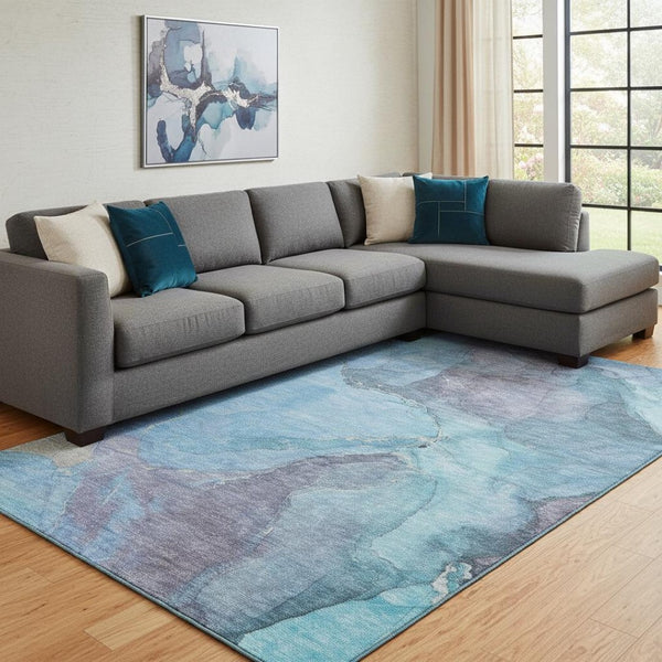 HomeRoots 8' X 10' Blue and Gray Abstract Area Rug - Washable, UV-Resistant, Perfect for Busy Homes & Kids! 701175
