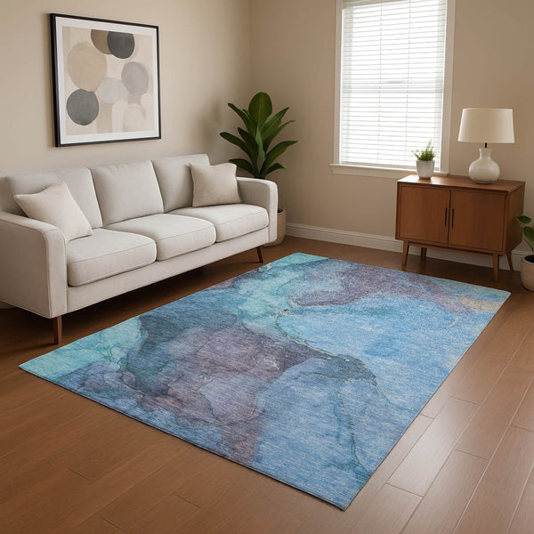 HomeRoots 9' Blue and Gray Abstract Washable Area Rug - Durable, UV Protected, Stylish for Homes with Kids & Pets 701176